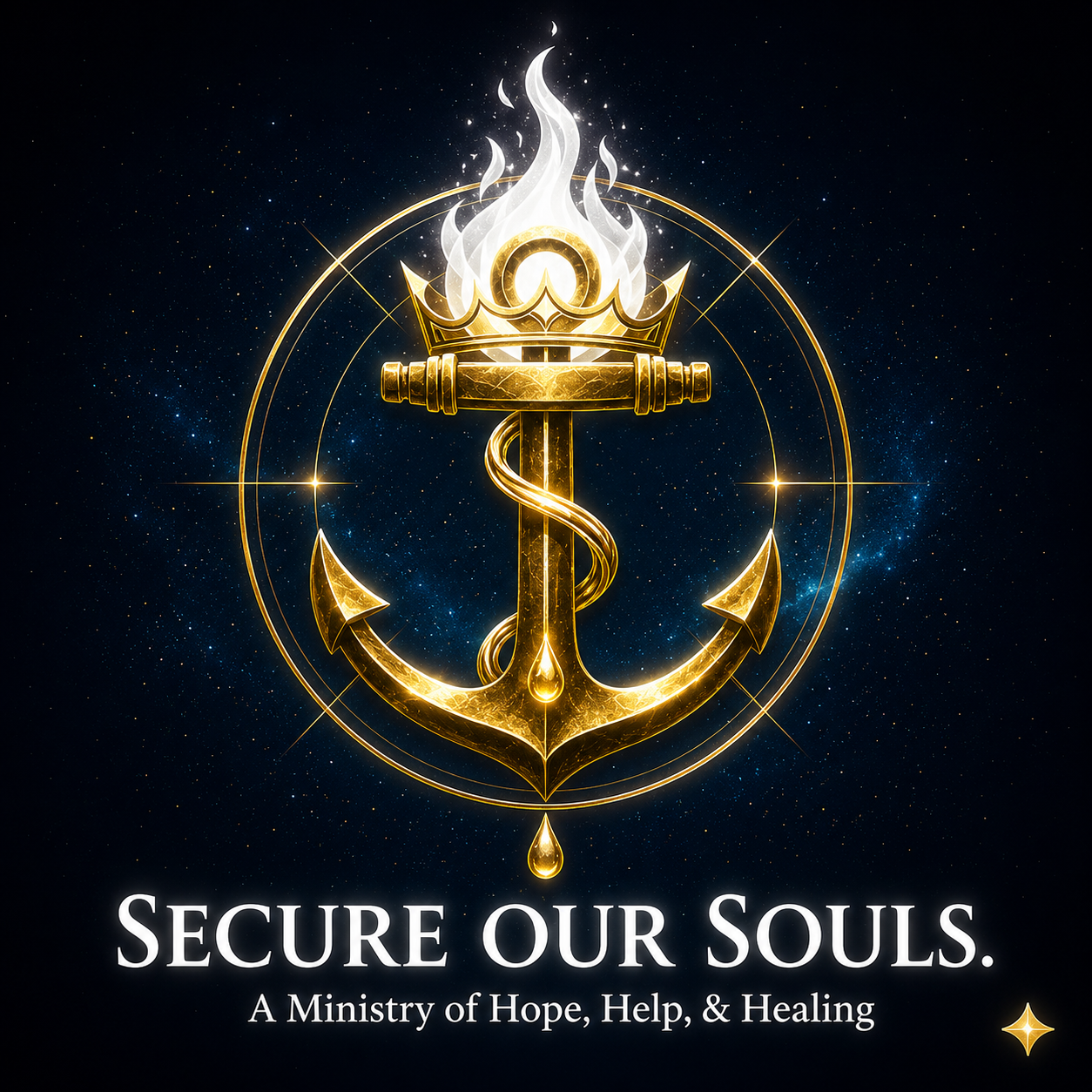 Secure Our Souls — anchor crowned with a flame, ministry emblem